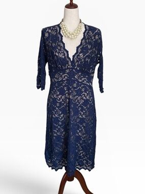 Kiyonna Navy and Tan Floral Lace Dress